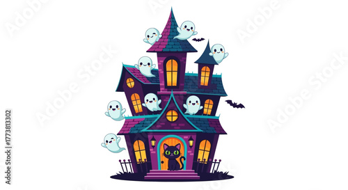 Spooky haunted mansion filled with friendly ghosts and a black cat, perfect for Halloween celebrations and festive designs