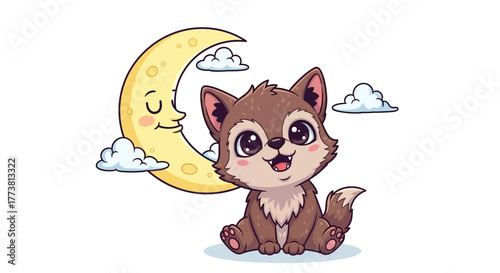 Adorable cartoon wolf cub sits happily with a smiling crescent moon and fluffy clouds under a starry night sky