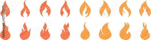 Fire icon collection. fire flame grunge hand drawn chalk. doodle fire flame related element collection hand drawn, Grunge elements in sketch style. Yellow  vector illustration on a white background.