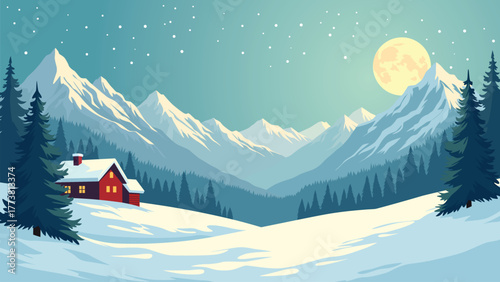 Beautiful snowy mountain landscape with pine trees cabin and full moon night sky