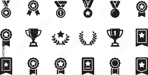 Collection of Black and White Achievement Award Icons Vector Illustration