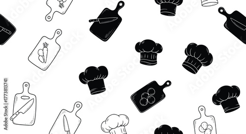 Culinary pattern with chef hats and cutting boards illustration art