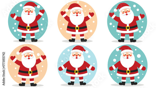 Set of cute santa claus illustrations in different poses on snowy circle background