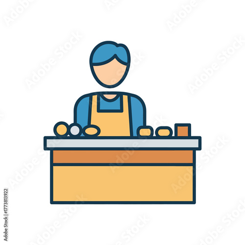 Cartoon illustration of a person working at a counter with food items