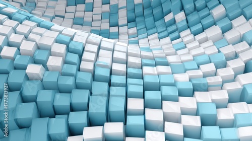An abstract illustration featuring a wave-like array of blue and white cubes, creating a modern, creative wave effect with depth and texture.