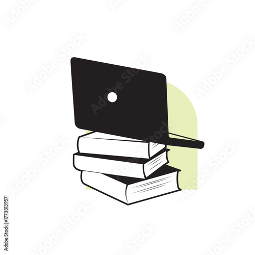 stack of books with a laptop