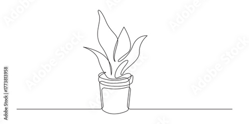 Growing Snake Plants Indoors Gardening concept continuous single line art vector illustration,Continuous Line Drawing of a Potted Houseplant,Minimalist One Line Art Potted Plant
