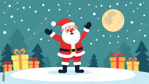 Happy santa claus standing on snowy night with christmas gifts and full moon background