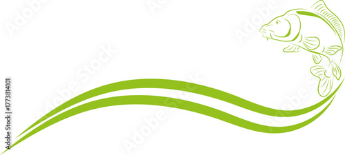 Karpfen und Wellen in grün, Karpfen, Fisch, Logo, Angeln, Sport, Hintergrund