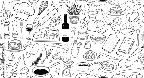 Hand Drawn Kitchen Food Illustration Pattern Featuring Various Cuisine Elements