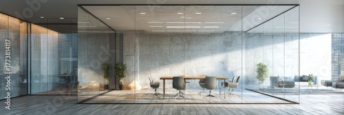 Elegant photo of modern office interior with glass walls and natural light.