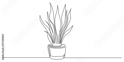 Growing Snake Plants Indoors Gardening concept continuous single line art vector illustration,Continuous Line Drawing of a Potted Houseplant,Minimalist One Line Art Potted Plant
