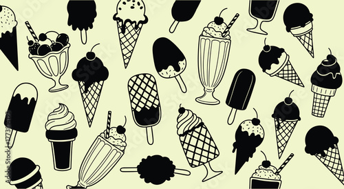 Monochrome seamless pattern with ice cream cones and popsicles vector