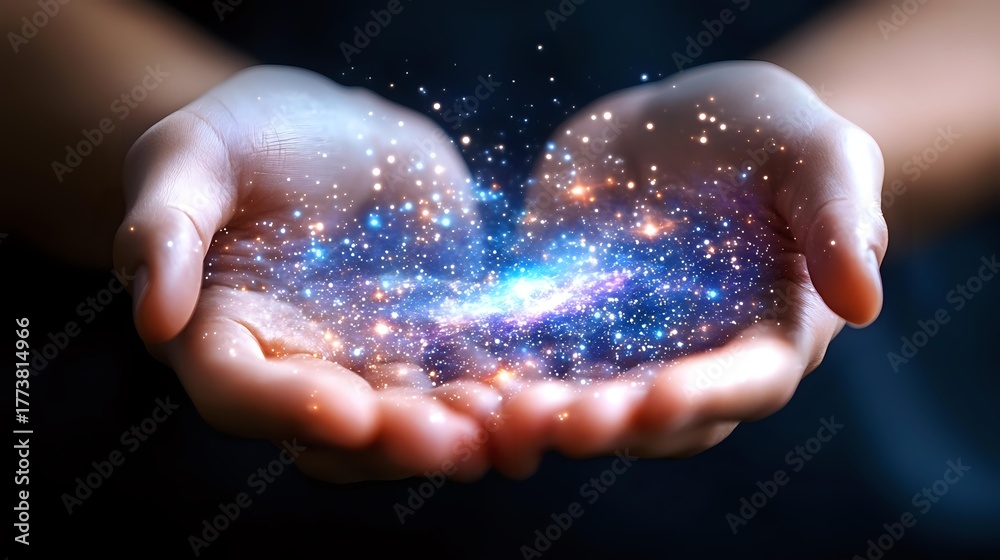 Fototapeta premium Magical glowing galaxy and stars floating above cupped hands against dark background, representing spirituality, dreams, and cosmic energy in universe.