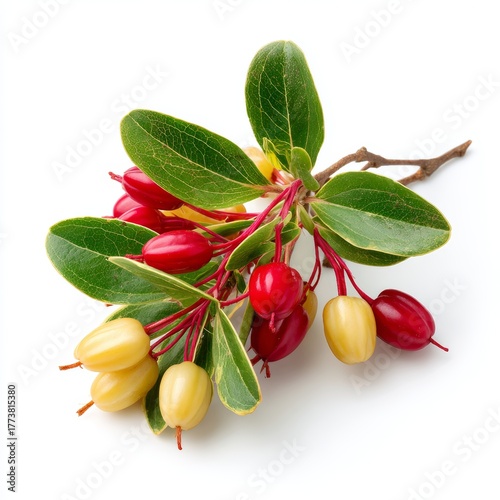 A close-up shot of a branch bearing red and yellow berries, with green leaves, showcasing the beauty of nature