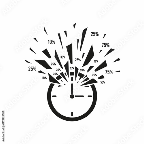 Time management is essential, broken clock shows fractions. Clock is shattering into pieces with different percentages displayed, symbolizing time running out.