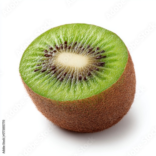 Fresh and vibrant kiwi fruit slice, showcasing the delicious green flesh and tiny black seeds. The fuzzy skin contrasts beautifully with the juicy interior.
