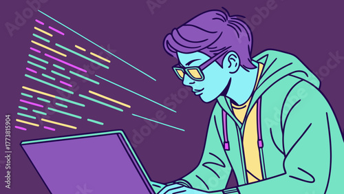 Coder Typing with Colorful Code Reflections — Digital Lifestyle Vector 