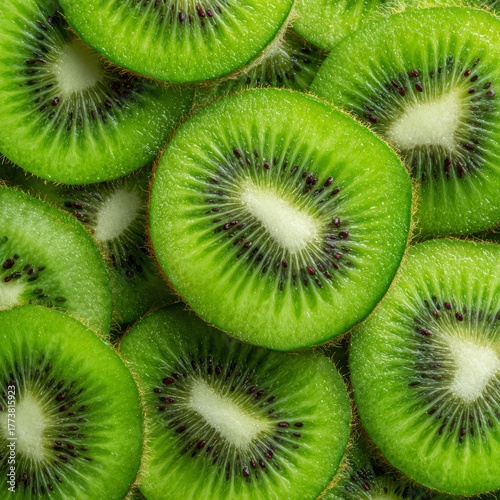 Close-up shot of several slices of green kiwi fruit showing the natural texture and color