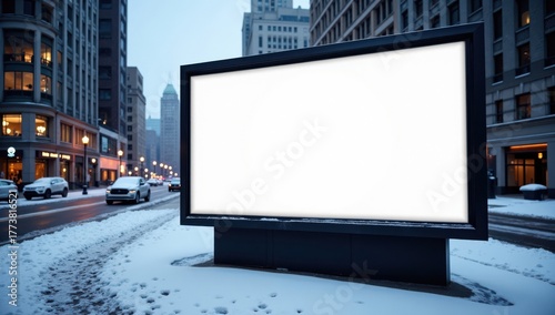 Blank city billboard in a snowy urban street, perfect for winter advertising campaigns and promotional displays.