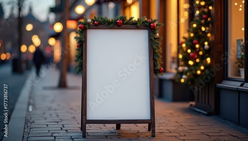 Festive A-frame sidewalk sign with Christmas greenery, ready for holiday promotions and winter event announcements.