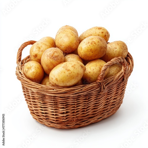 Fresh potatoes overflowing from a wicker basket, a symbol of abundance and natural produce. The light brown potatoes and the woven basket create a rustic scene