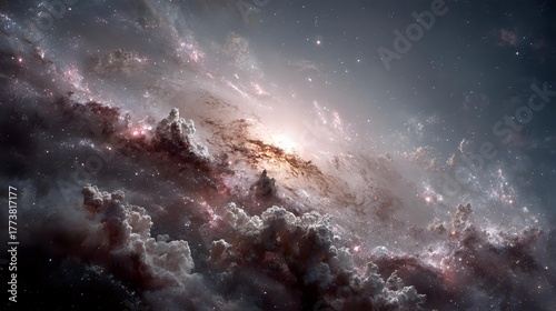 Fototapeta Naklejka Na Ścianę i Meble -  Majestic spiral galaxy with swirling cosmic dust clouds and bright stellar formations against deep space background.