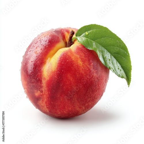 A fresh peach, capturing the essence of summer with a single leaf and droplets