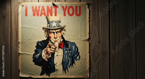 Vintage uncle sam recruitment poster on wooden wall