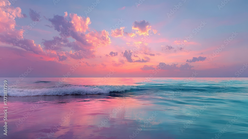 Fototapeta premium Pink and blue pastel sky reflects on a calm ocean with small wave. Perfect for promoting relaxation, mindfulness, or beautiful scenery.