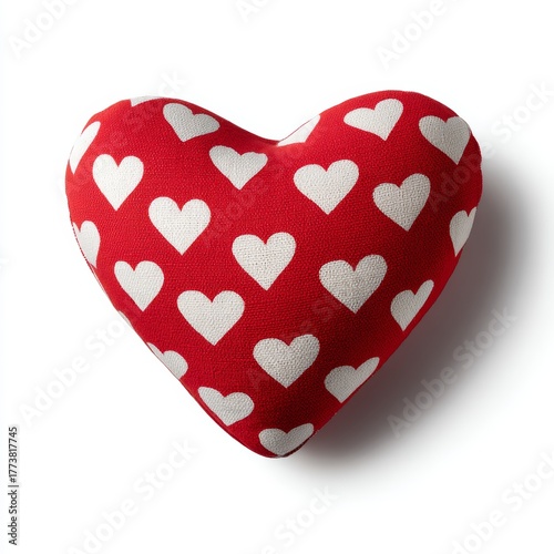 A red heart-shaped pillow with white hearts, perfect for expressing love and affection. The pillow is soft and inviting