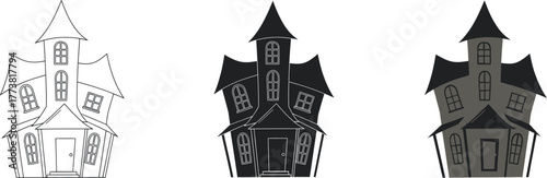 Three cartoon haunted house icons for halloween: creepy spooky mansion set in line art, solid silhouette, and grayscale stylized vector graphics isolated on white