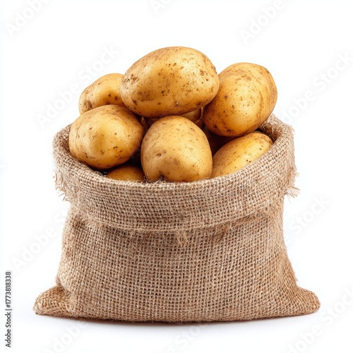 A burlap sack filled with fresh potatoes. The potatoes are light brown and have a rustic texture, evoking a sense of natural harvest