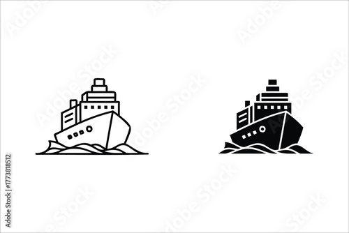 Ship sailing on water, outline and filled