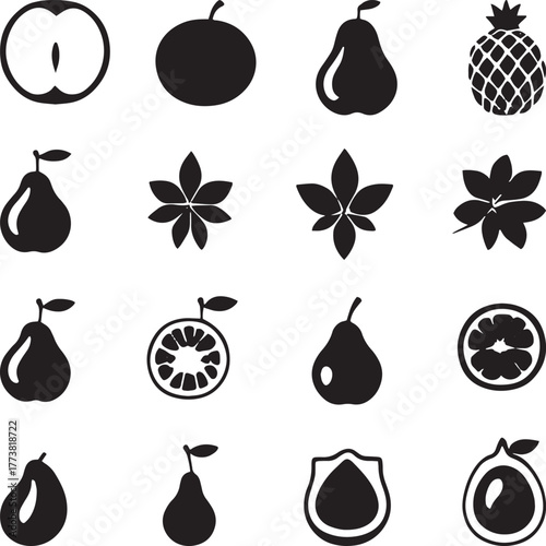 Modern Fruit and Leaf Icons Vector Set: Silhouette Collection of Pears, Apples, Pineapple, and Botanicals