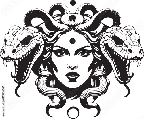 Mythic Medusa Head Vector with Aggressive Snakes and Mystical Symbols         