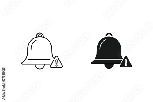 Notification bell icon with alert symbol isolated on white background