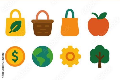Eco-friendly, sustainable lifestyle flat icon set. Environment, nature, ecology icons collection