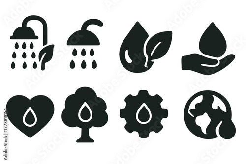 Eco-friendly water conservation solid icon set. Sustainability, nature symbols collection.