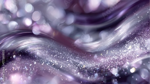 A beautiful abstract illustration featuring shiny glitter and flowing waves in soft purple tones. The design evokes a sense of creativity and elegance.