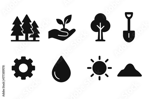Gardening, nature solid icon set. Plant, tree, nature icons in solid style collection