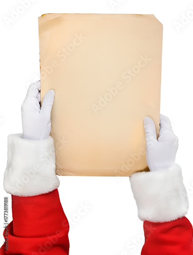 Christmas Santa Claus hand holding an old sheet of paper with empty space for text isolated on white background with clipping path. Design element.