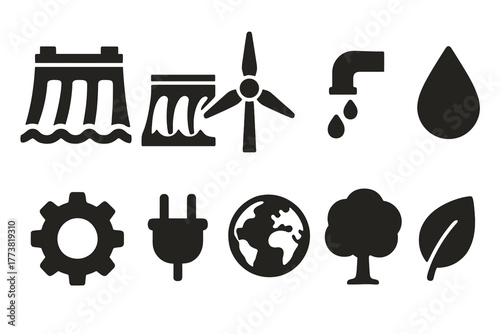 Renewable energy solid icon set: sustainability, ecology, environment, power symbols