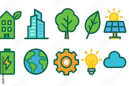 Eco-friendly, sustainability flat icon set. Renewable energy and nature icons collection