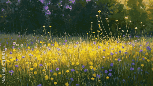 Field of Violet Grasslands and wildflowers isolated watercolor vector illustration svg