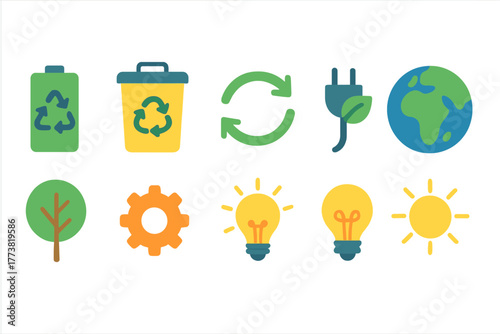 Eco-friendly recycling, sustainability flat icon set for green living initiatives