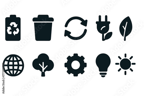 Eco, environment solid icon set. Green energy, sustainability icons solid collection