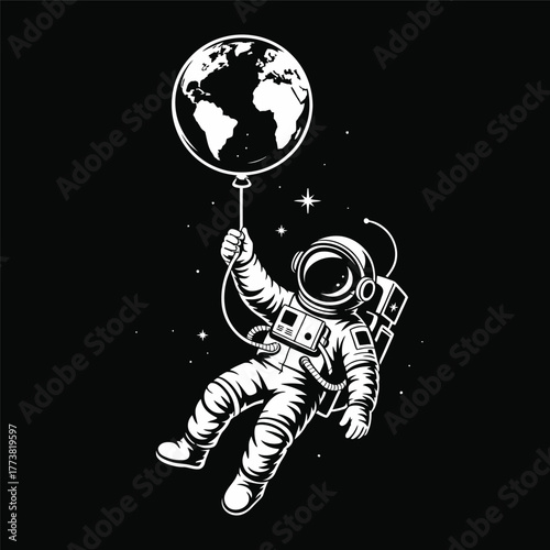 Astronaut holding earth balloon silhouette