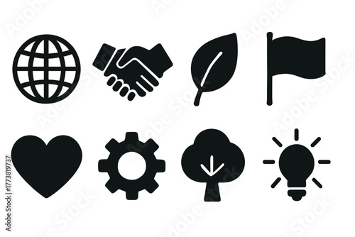 Environment, business solid icon set. Ecology, partnership, innovation icons collection