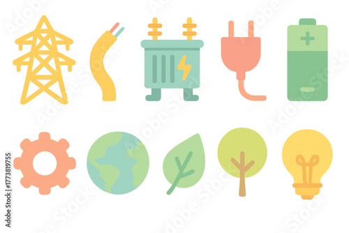 Energy and environment flat icon set. Utilities, nature, and sustainability icons